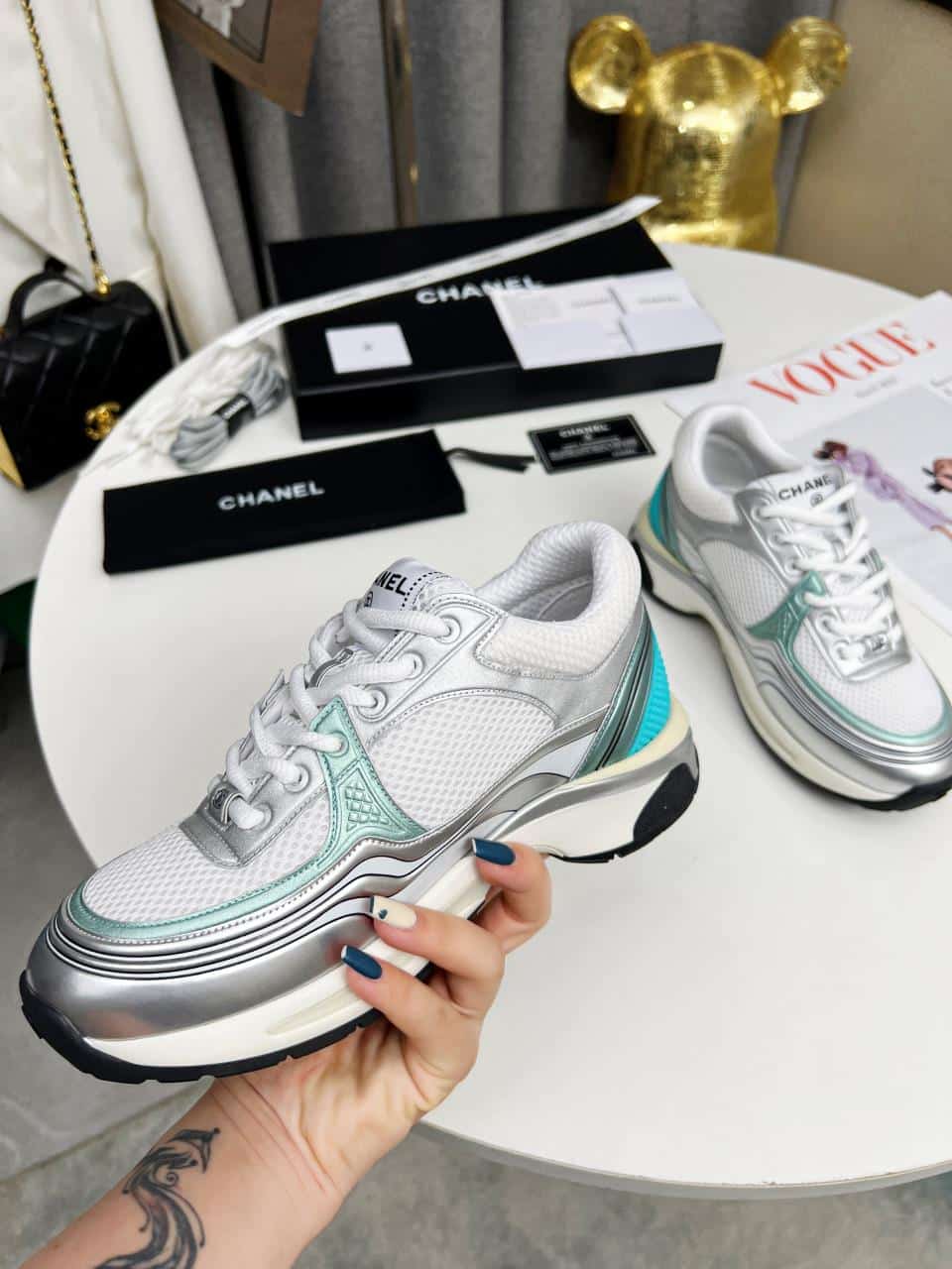 Chanel 23C Silver Metallic Cc Logo Lace Up Flat Runner Trainer Sneaker White Turquoise