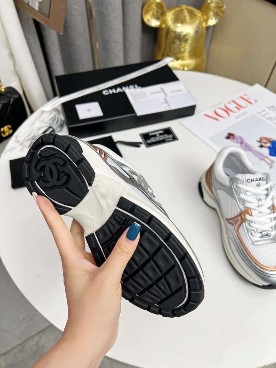 Chanel 23C Silver Metallic Cc Logo Lace Up Flat Runner Trainer Sneaker White Yellow