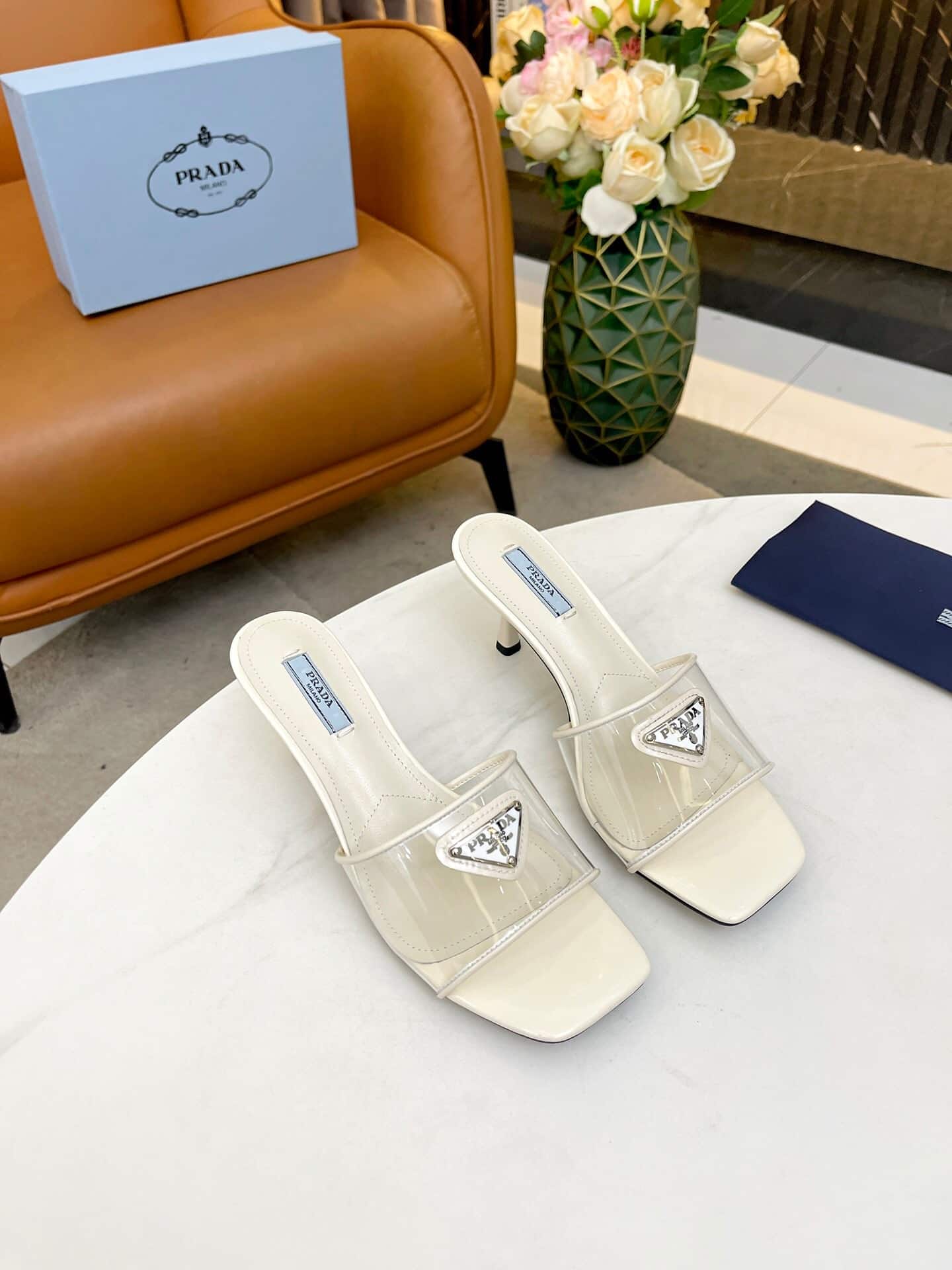 Prada Plexiglas And Patent Leather Sandals Cream