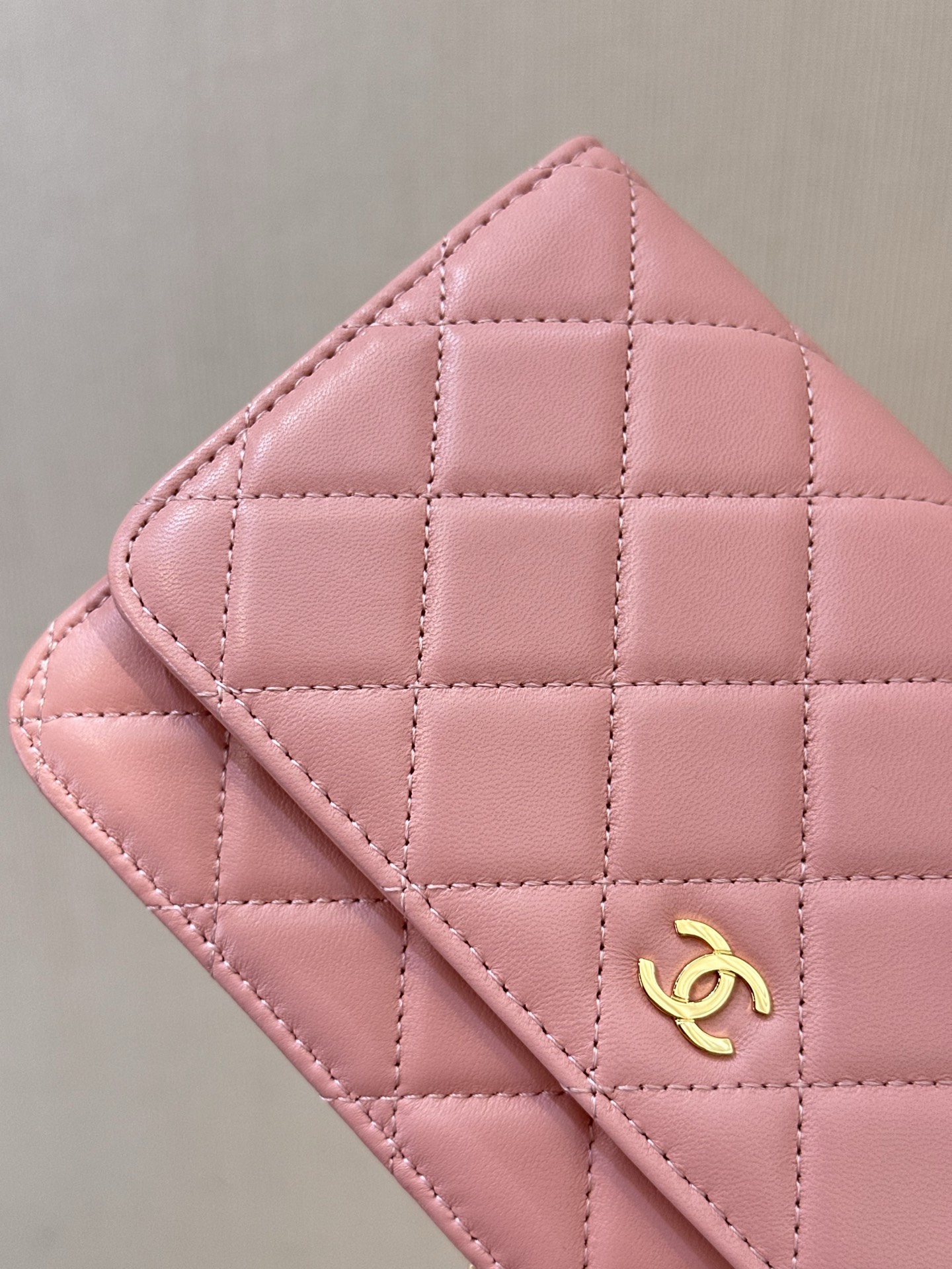 Classic Quilted Lambskin Wallet on Chain in Light Pink (Gold Hardware)