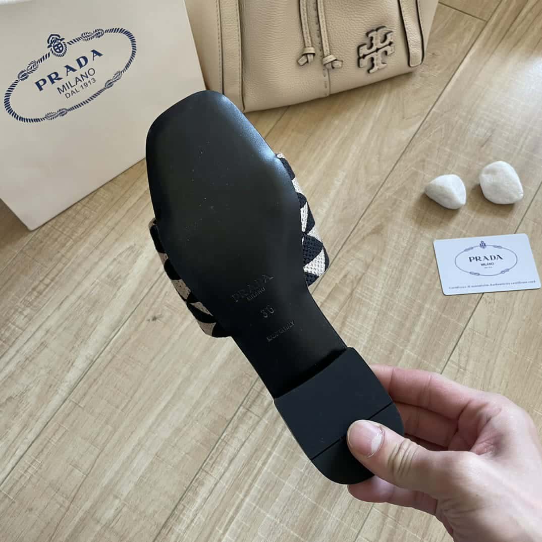 Prada Embroidered Fabric Slides Black White
