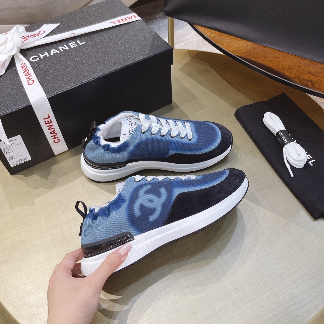 Chanel Neon Denim Lace Up Low Top Trainer Sneaker Blue G37494 Y55237 K2847