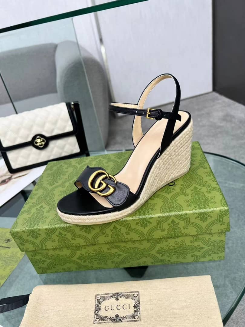 Gucci Leather Wedge Espadrille Sandals Black 8Cm
