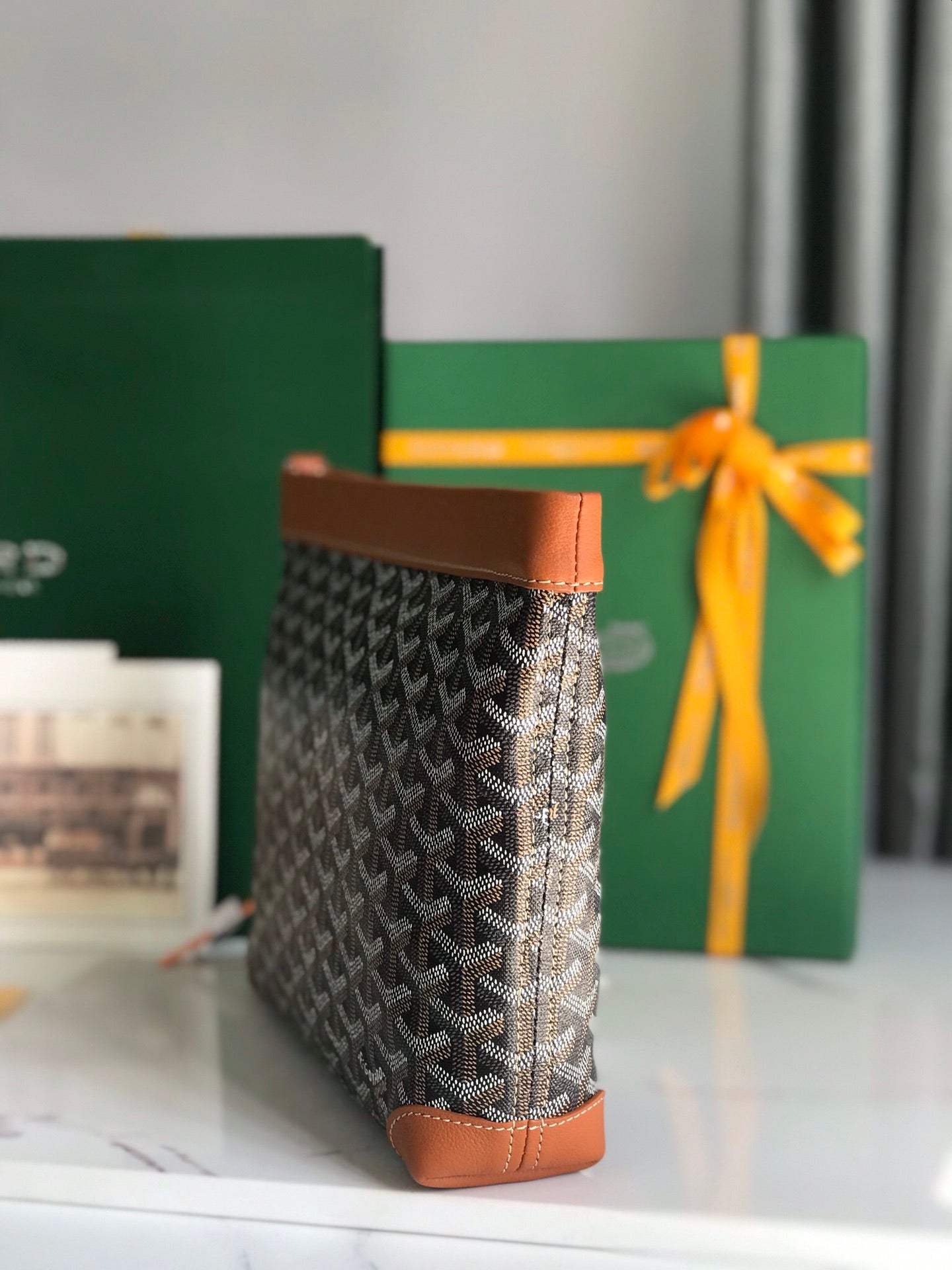 Goyard Conti Pouch 24 Cm Tan Lambskin And Black Goyardine Canvas