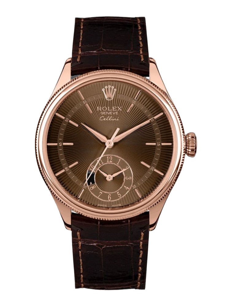 【Super Clone】Rolex Cellini Dual Time 50525 Brown Guilloche Dial Brown Leather Strap 39mm Mens Replica Watch