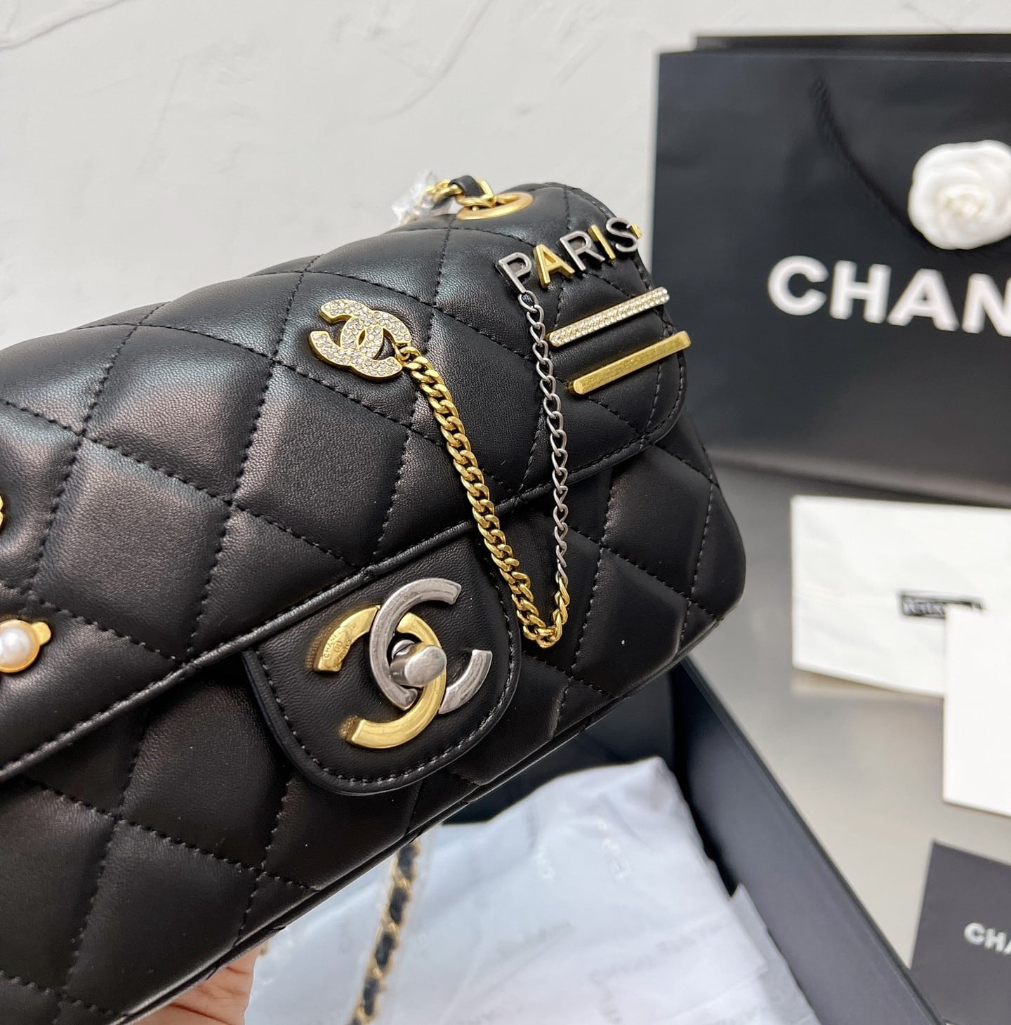 Chanel Quilted Mini Coco Clips Flap Gold And Ruthenium Hardware Black 20Cm