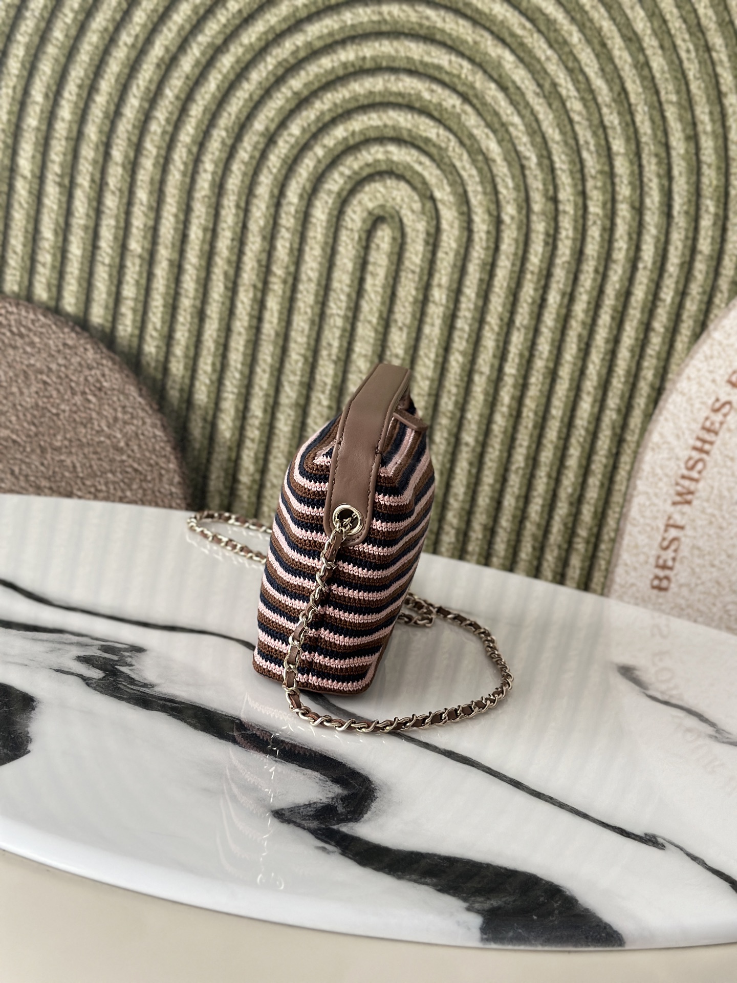 26P Cruise Mini Hobo Pouch with Chain in BrownPinkNavy Striped Crochet and Lambskin with Light Gold-Tone Hardware
