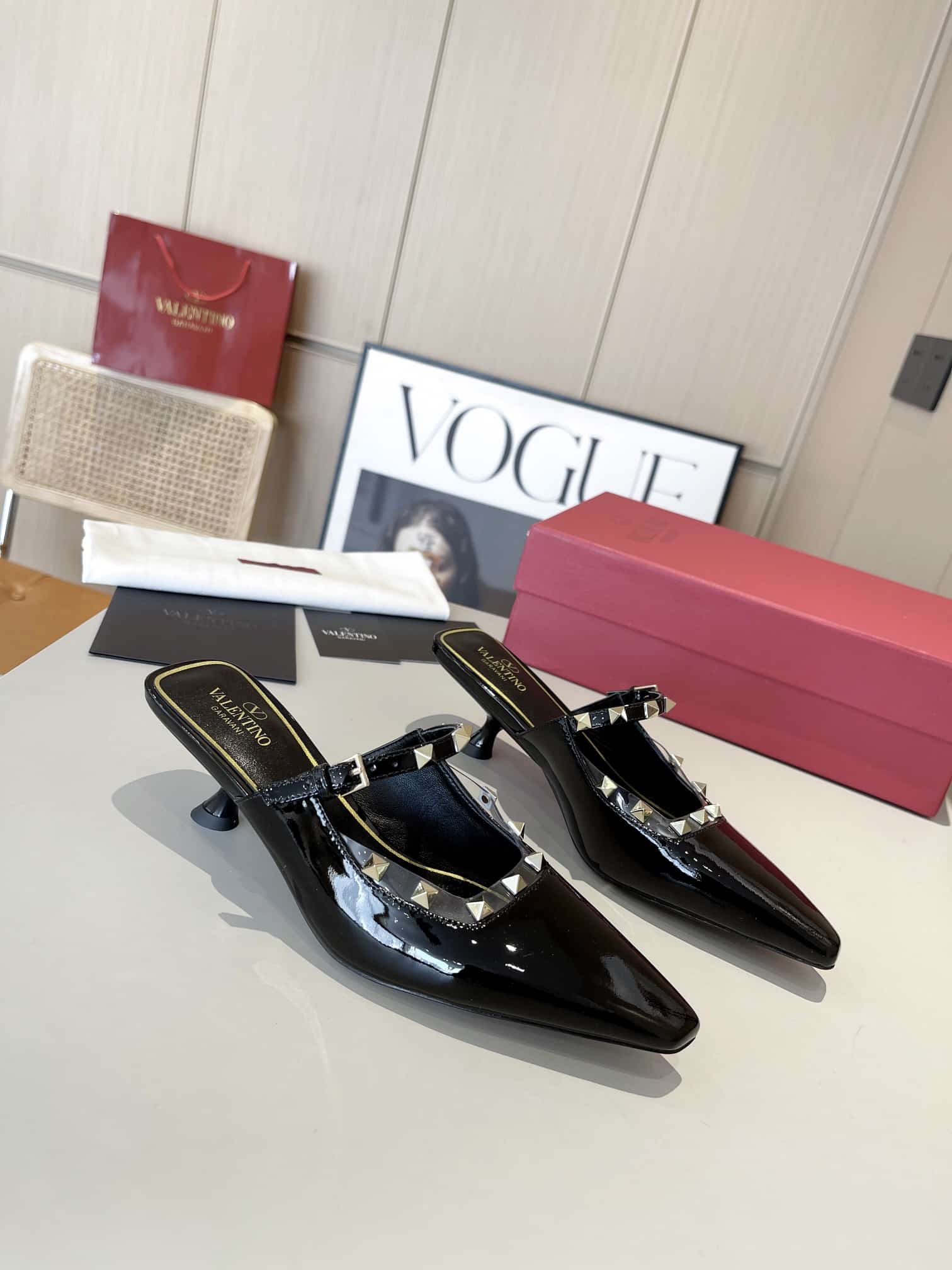 Valentino Garavani Rockstud Asymmetric Patent Leather Mules Black