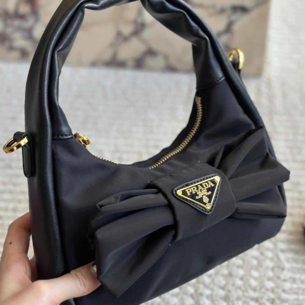 Prada Re Nylon And Nappa Leather Mini Bag With Bow Black 20Cm