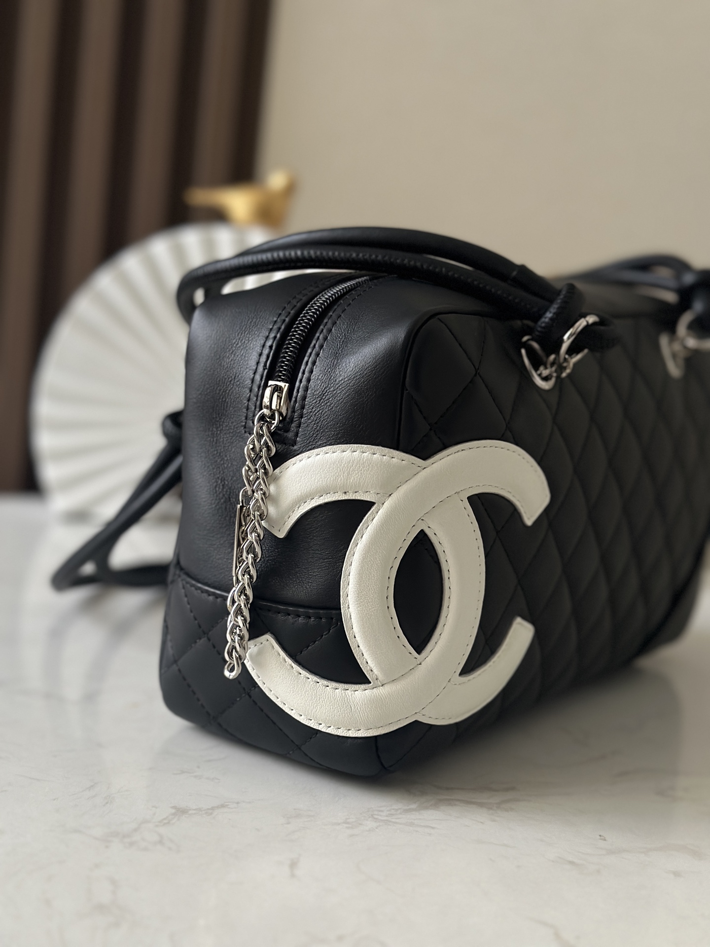 Black & White Quilted Cambon Bowling Bag with Silver Hardware