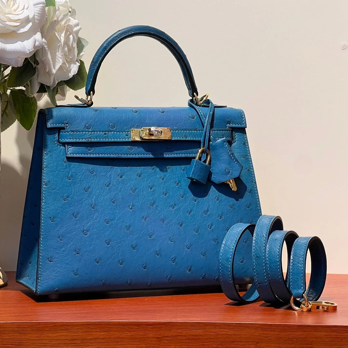 KELLY SELLIER 25 BAG IN ROYAL BLUE OSTRICH LEATHER (MADE - TO - ODER)
