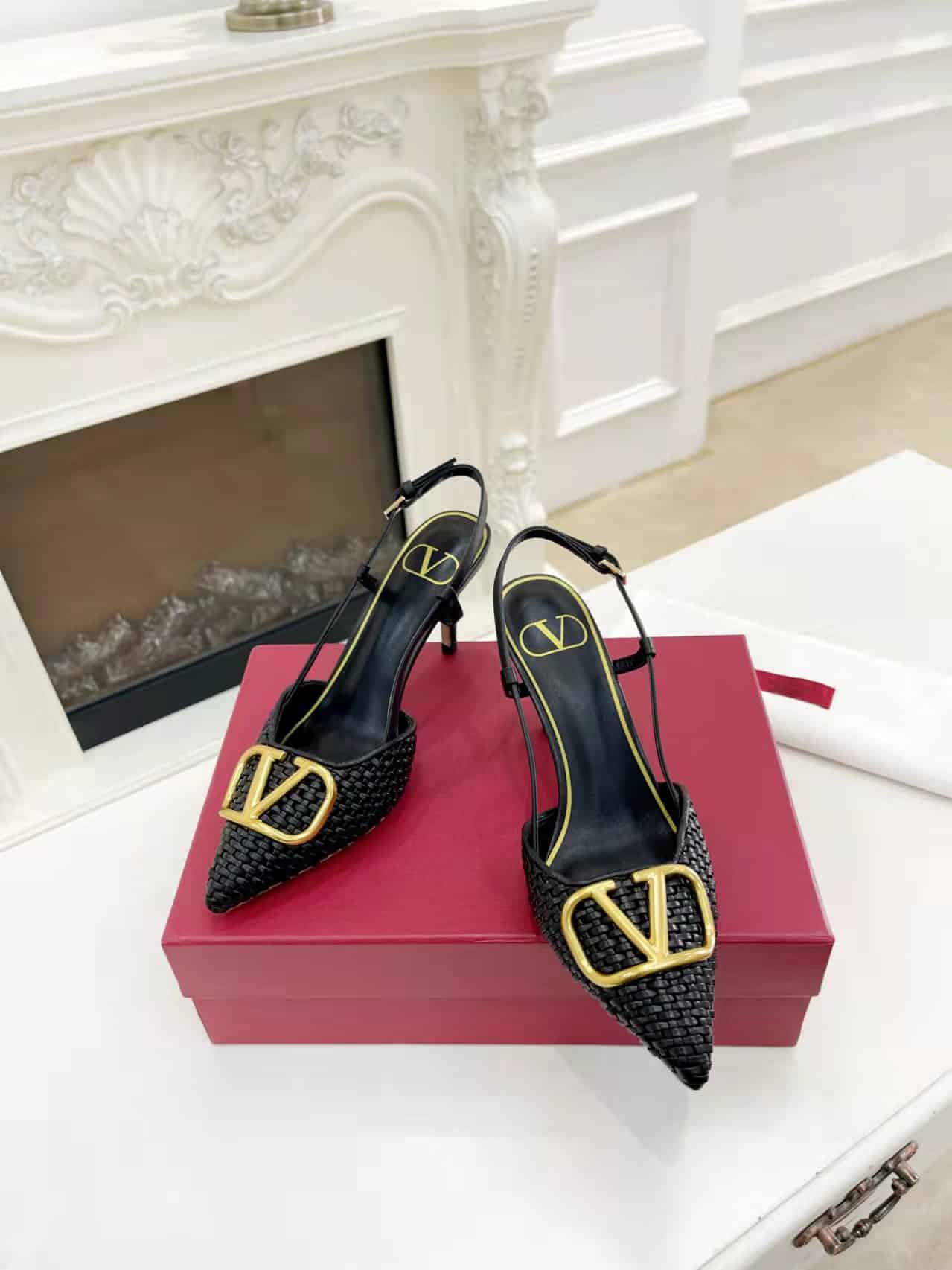 Valentino Garavani Vlogo Woven Leather Slingback Pumps Black