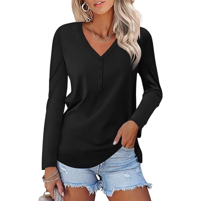 Women's Long Sleeve V‑Neck Henley Tops