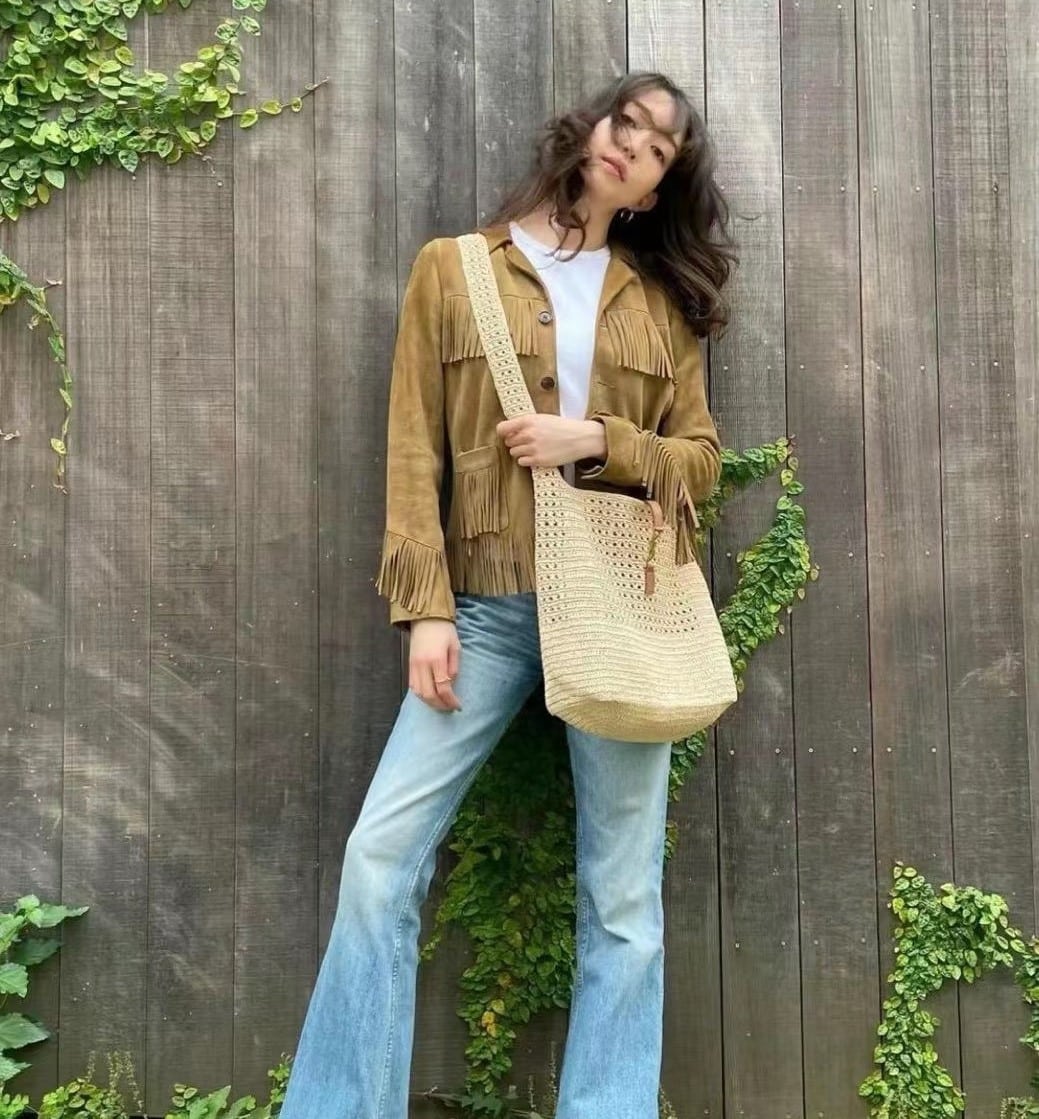 Saint Laurent Le 5 A 7 In Raffia Crochet And Smooth Leather Beige 32Cm