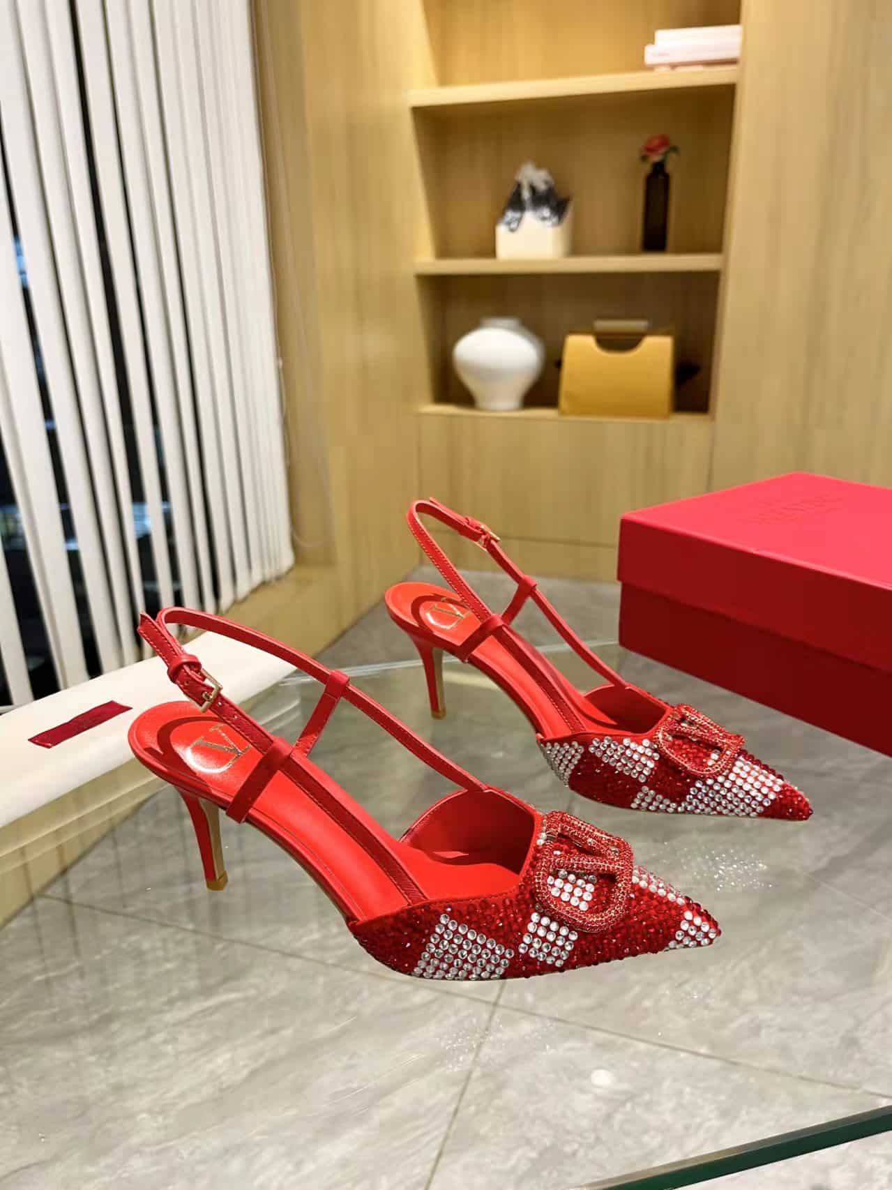 Valentino VLogo Signature Back Strap Crystal High Heels Red