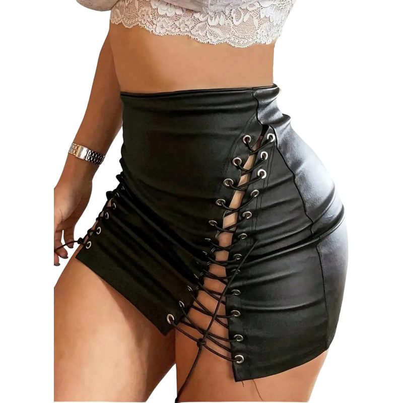 Women's High Waist Leather Mini Skirt Lace Up Side Night Out Bodycon Skirts