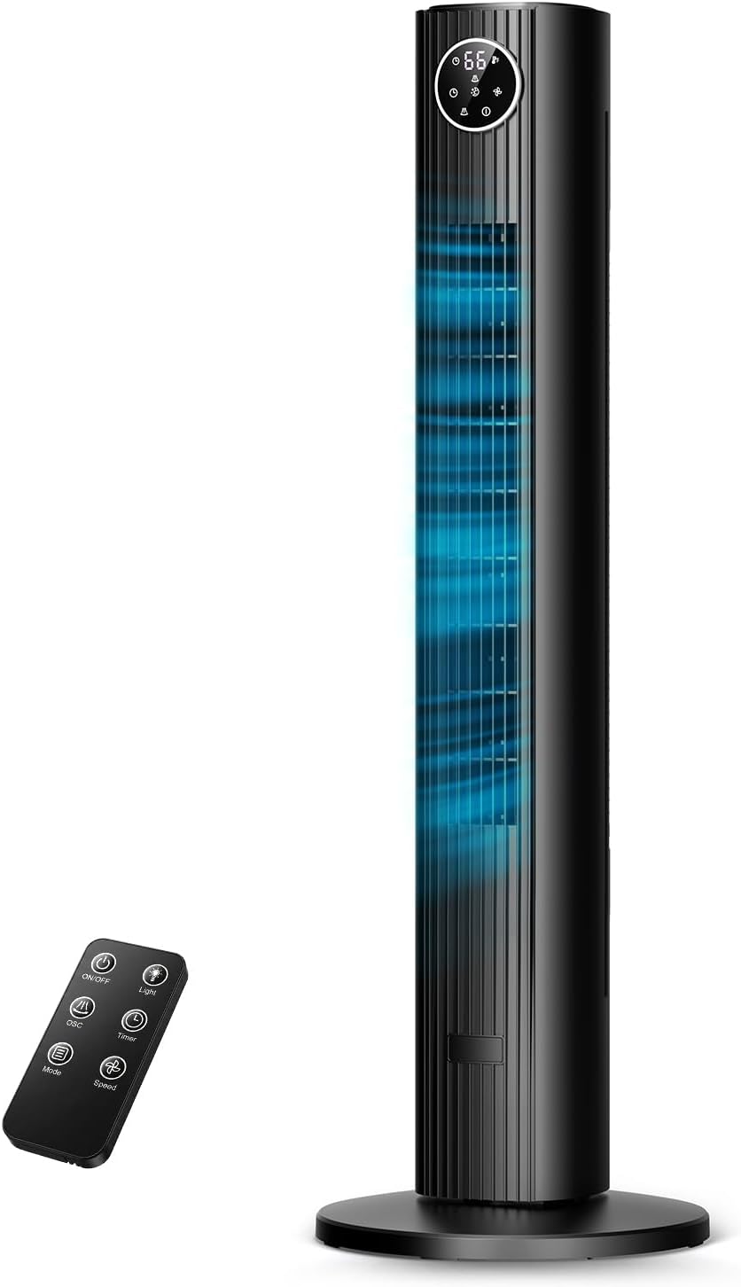 ZAFRO Tower Fan for Bedroom, 37'' Cooling Fans with 4 Modes 6 Speeds, 26 ft/s Velocity, 28dB Quiet for Sleep, LED Touchpad & 12H Timer, 90° Oscillating Floor Fans that Blow Cold Air, Black
