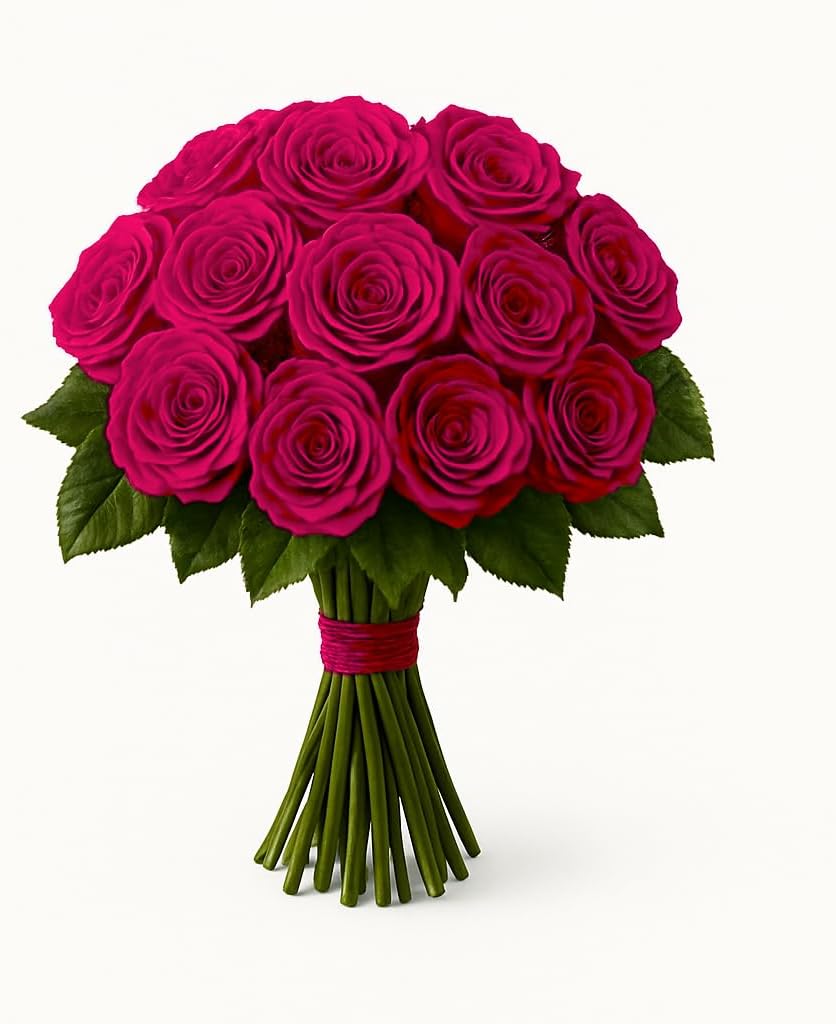 One Dozen Fresh Roses Bouquet, 12 Premium 50CM Long-Stem Ecuador Roses, Hand-Tied Floral Arrangement, Fresh Cut Flowers for Valentine’s Day, Anniversaries, Birthdays, Holidays (FUCHSIA)