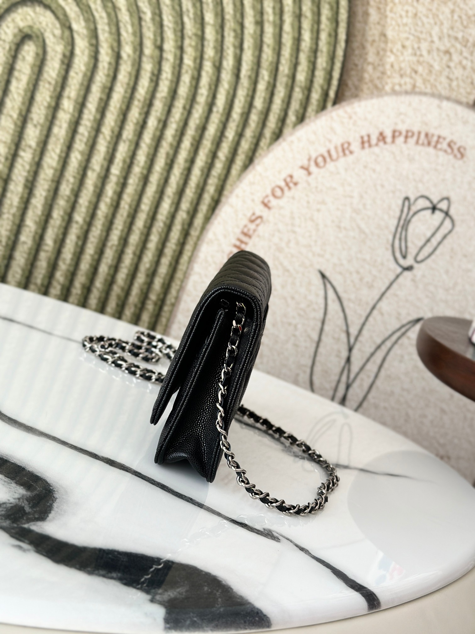 Wallet on Chain (WOC) 25C Collection in Black Quilted Caviar Leather with Brushed GoldSilver-Tone Hardware