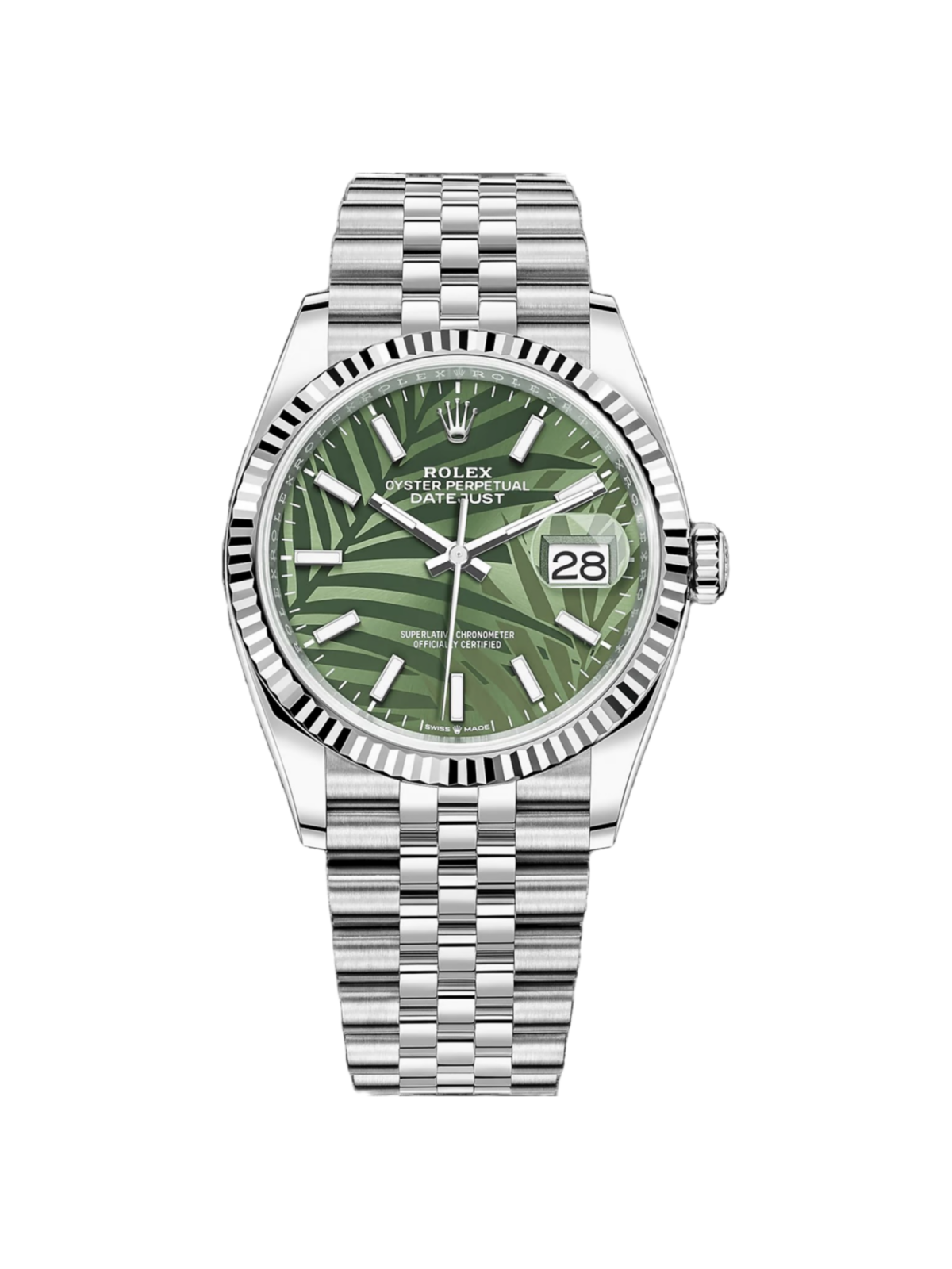 Rolex  Datejust 36mm 126234 Olive Green Palm Motif Dial Jubilee Stainless Steel Watch