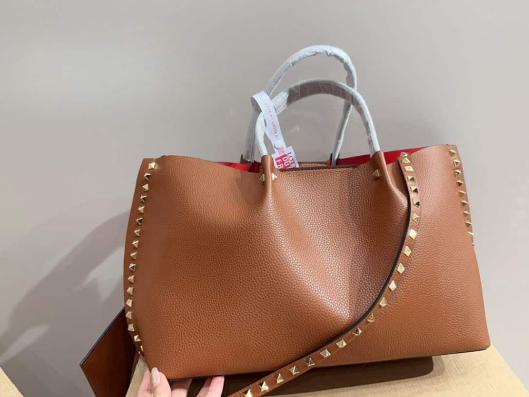 Valentino Garavani Rockstud Leather Tote Brown 36Cm
