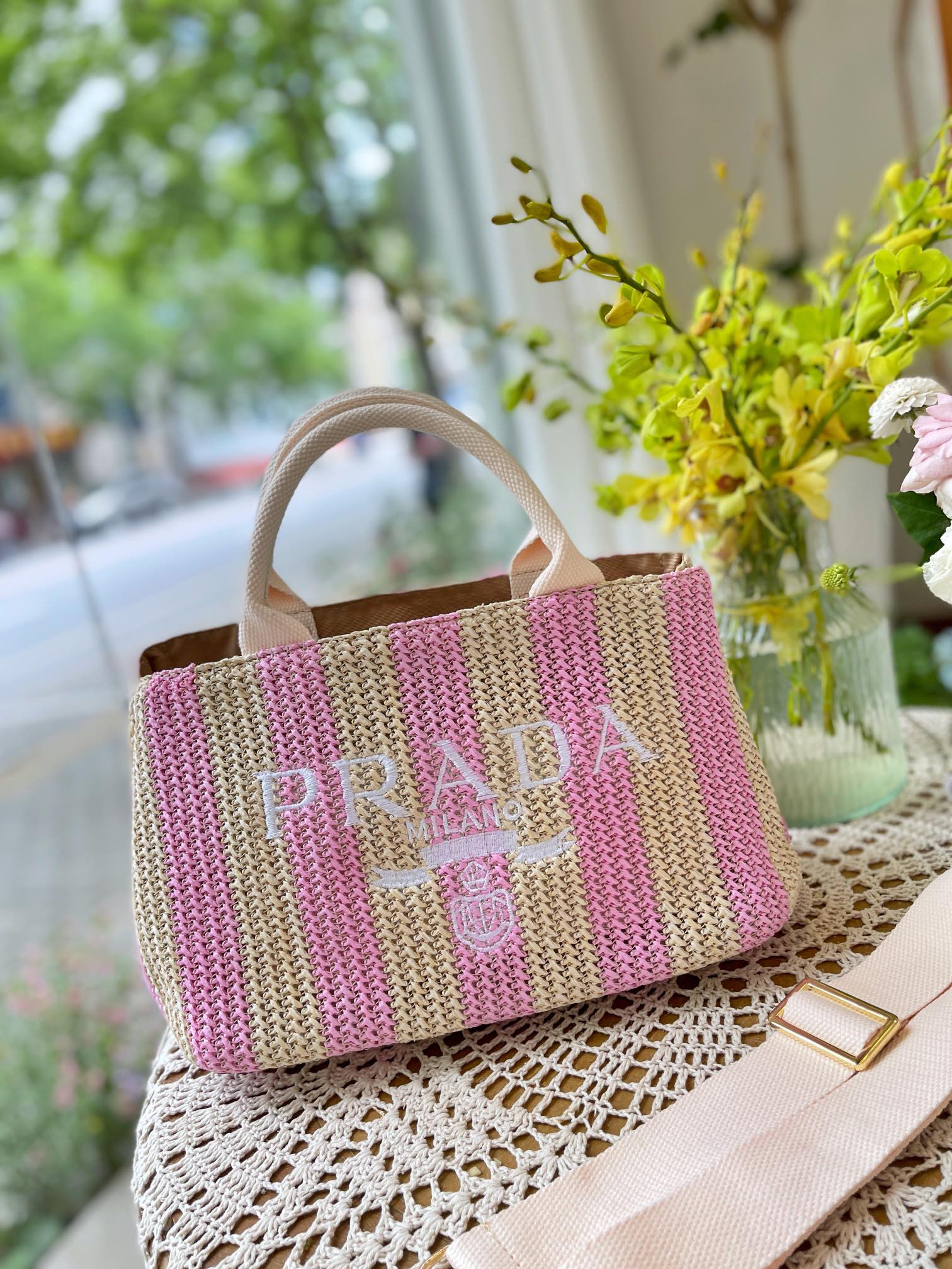 Prada Raffia Tote Bag Tan And Pink