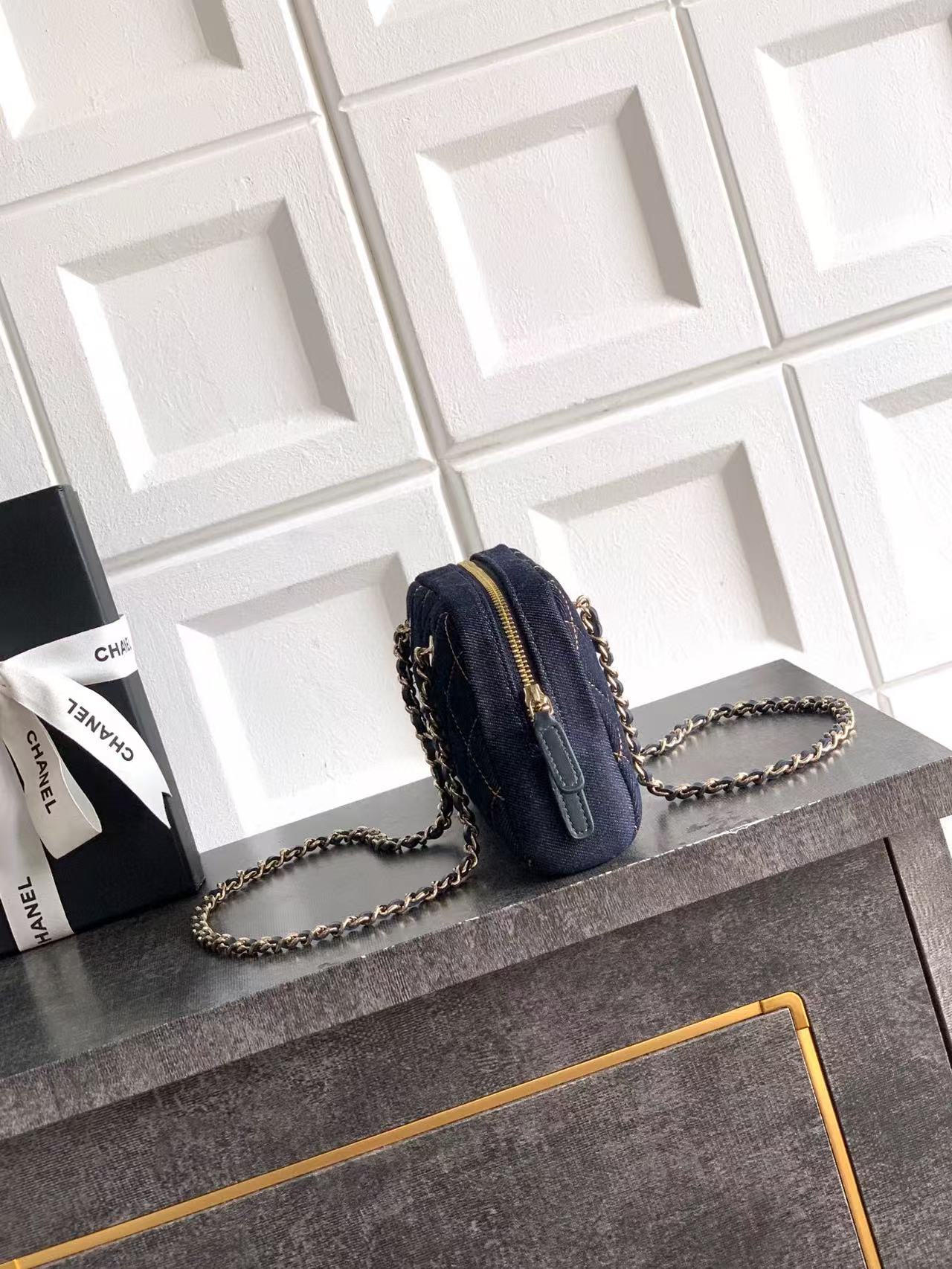 Quilted Denim Shell Clutch with Chain in Dark Blue Denim with Gold-Tone Hardware, 25S Spring-Summer Collection