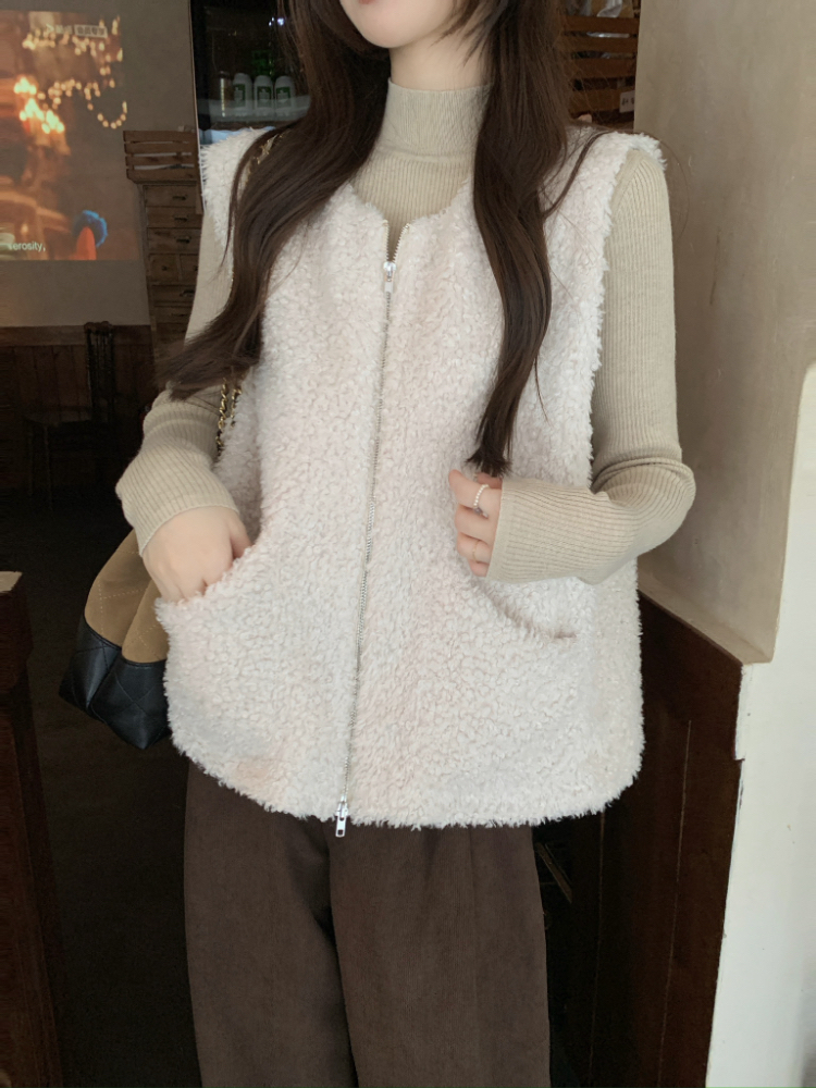 Double zip lambs wool coat all-match cardigan for women