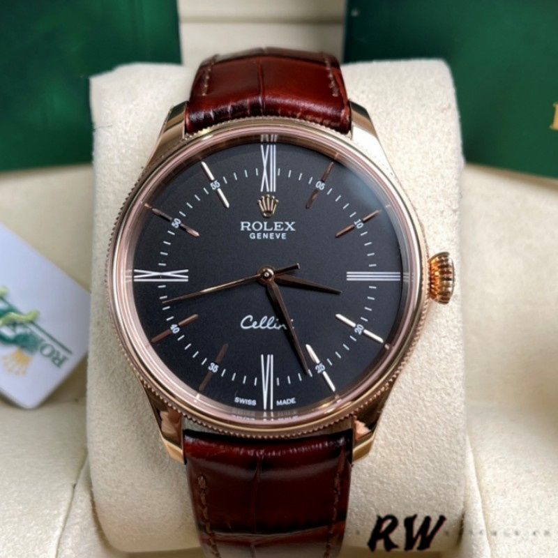 【Super Clone】Rolex Cellini Time 50505 Brown Leather Strap Black Dial 39mm Mens Replica Watch