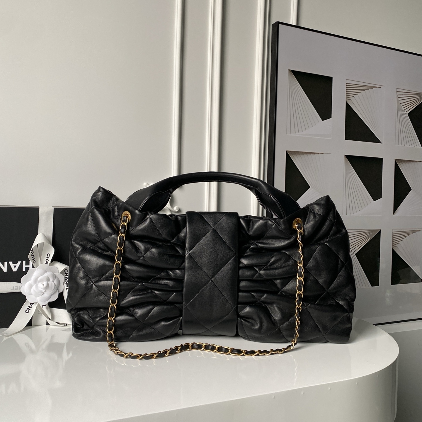 25K Large Hobo Bag (AS5846) in Black Quilted Shiny Lambskin with Light Gold-Tone Hardware