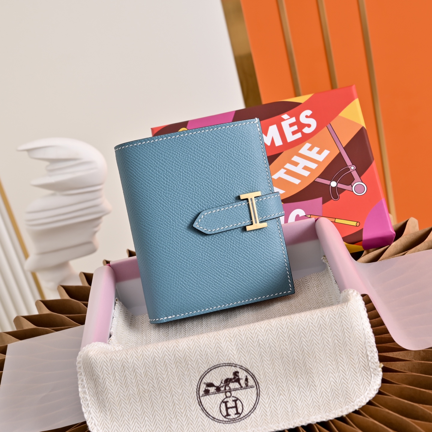 Hermès Blue Veau Epsom Béarn Portefeuille Compact Wallet