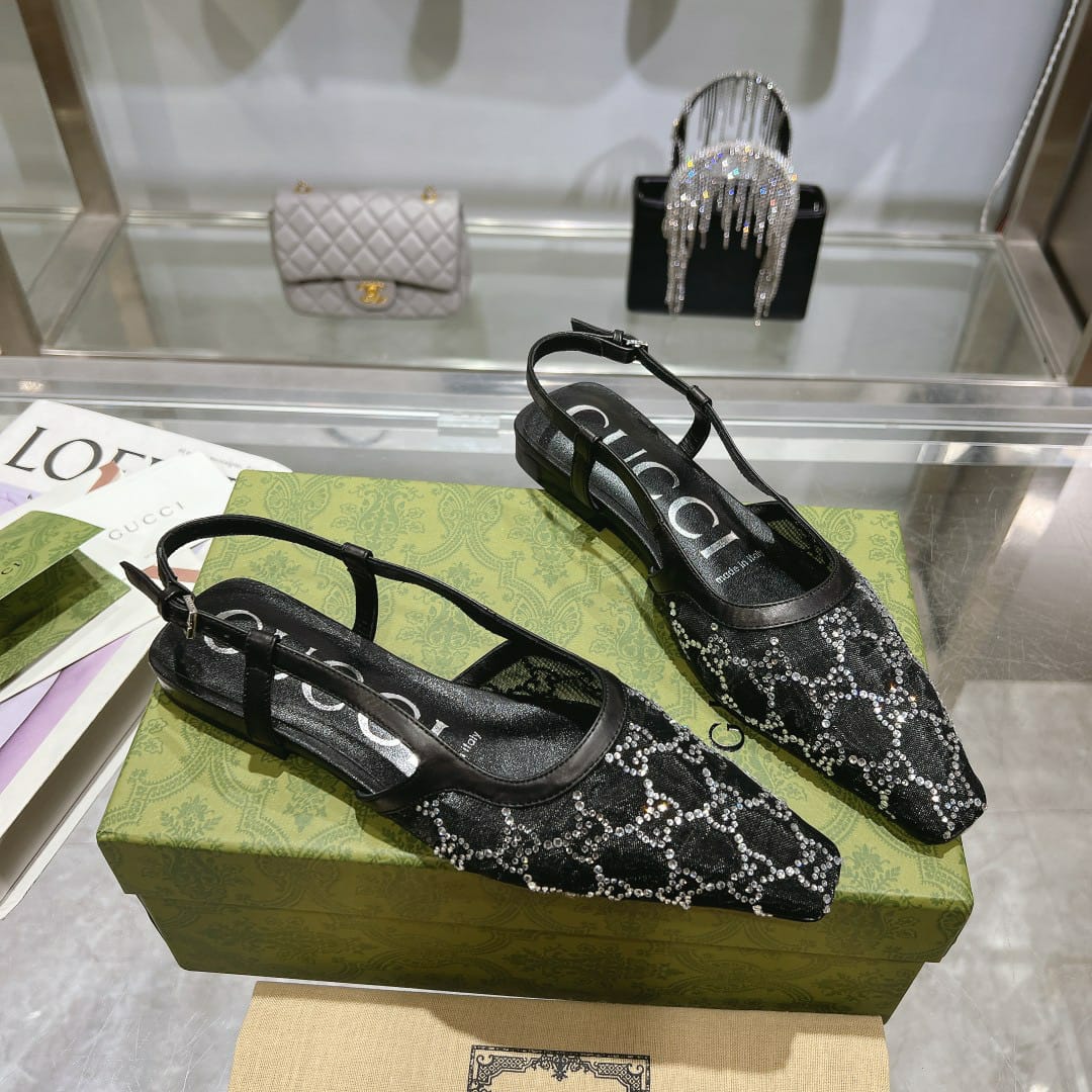 Gucci Gg Embellished Slingback Flats Black