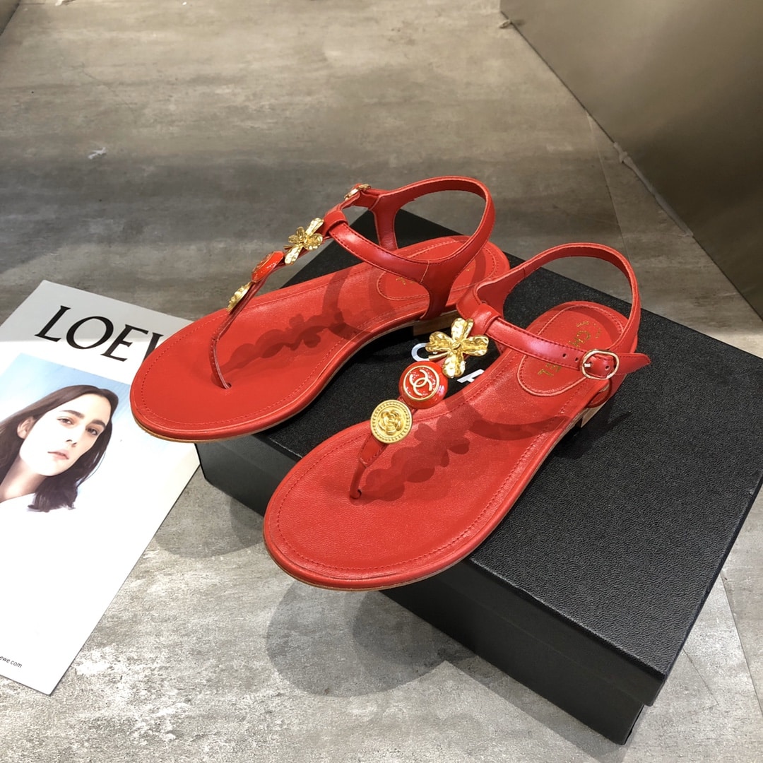 Chanel Camellia Thongs Sandals With Gold Leaf Clover Wine Red