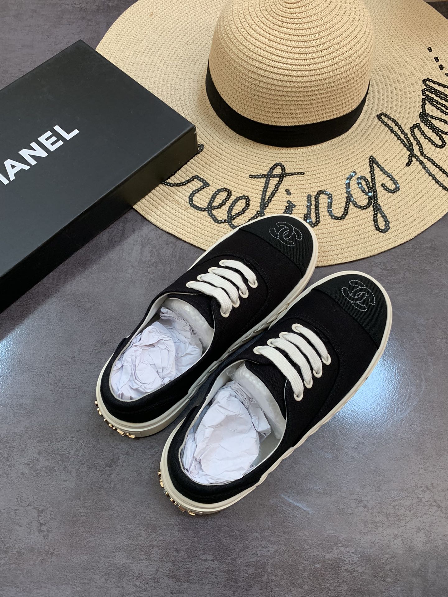 Chanel Cc Sneakers Canvas Mix In Black
