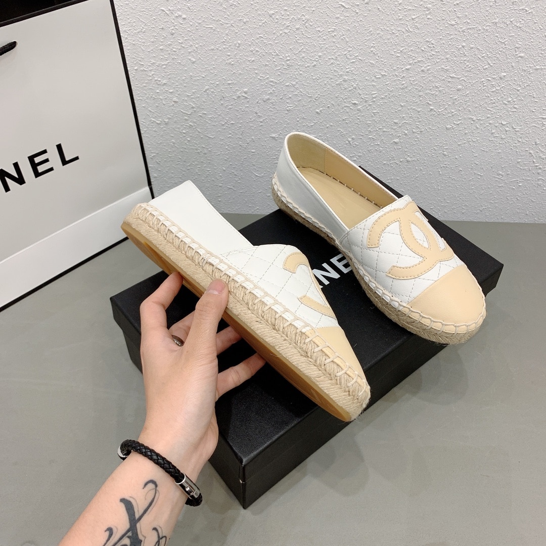 Chanel Cc Espadrilles Slip On White Beige