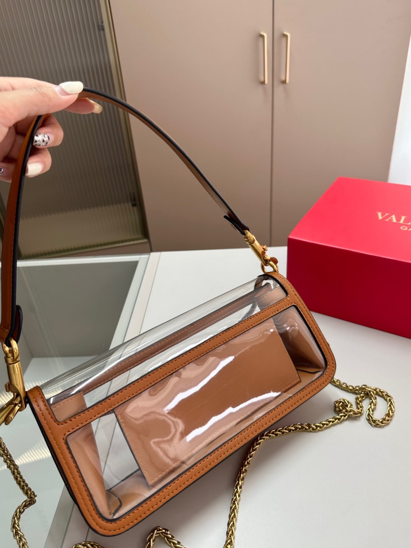 Valentino Garavani Locò Pvc And Leather Shoulder Bag Brown 24Cm
