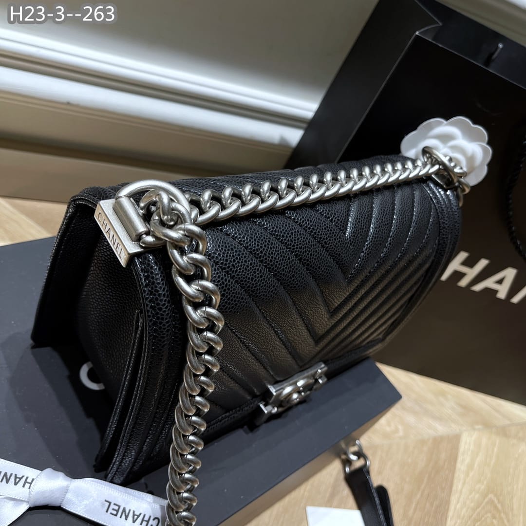Chanel Boy Caviar Chevron Quilted Flap Bag Black 25Cm/9.8in