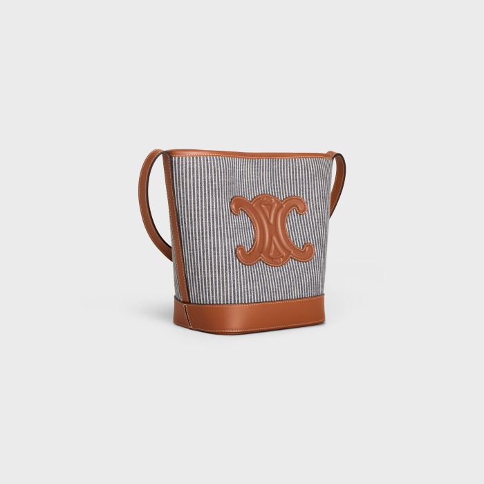 SMALL BUCKET CUIR TRIOMPHE IN STRIPED TEXTILE AND CALFSKIN NAVY BLUE