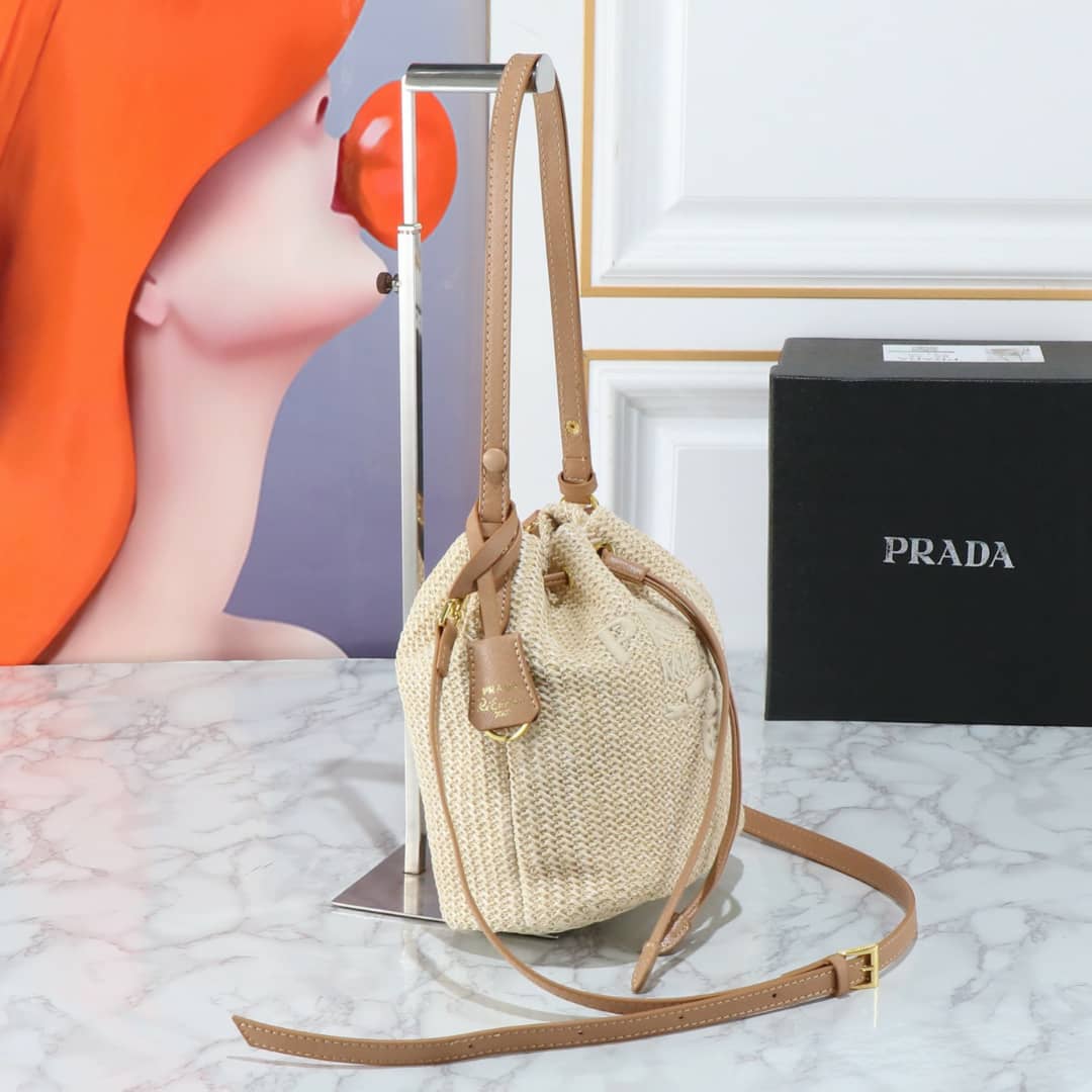 Prada Crochet And Leather Bucket Bag Natural 24Cm