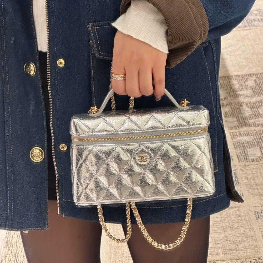 Chanel Vanity Case With Chain Metallic Silver 20Cm