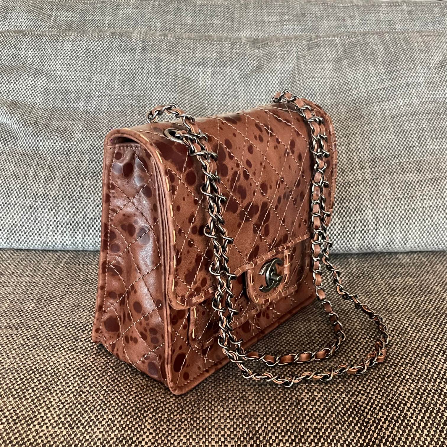 Vintage Brown Patina Oil-Waxed Calfskin Quilted Flap Handbag with Silver-Tone Hardware