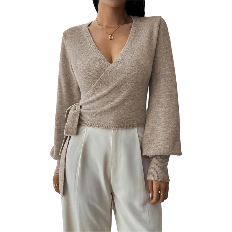 Women's V Neck Wrap Sweater Pullover Slim Fit Knit Crop Top Sweater