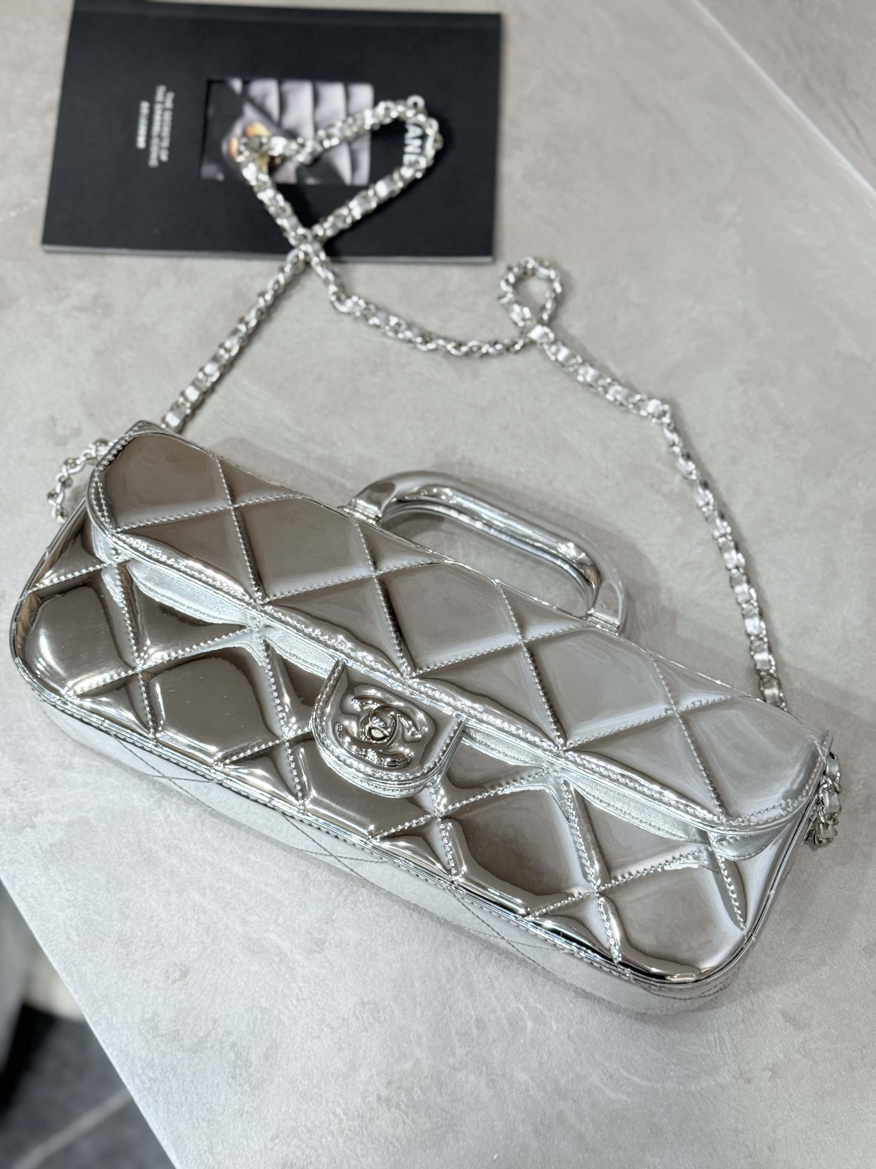 Large Flap Bag With Handle in Metallic Mirror Silver Calfskin with Silver-Tone Hardware (25K Collection)