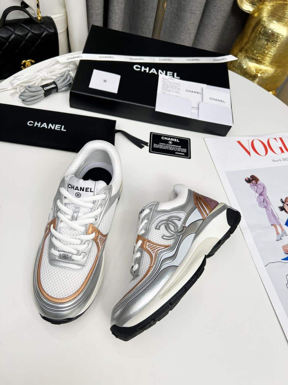 Chanel 23C Silver Metallic Cc Logo Lace Up Flat Runner Trainer Sneaker White Yellow