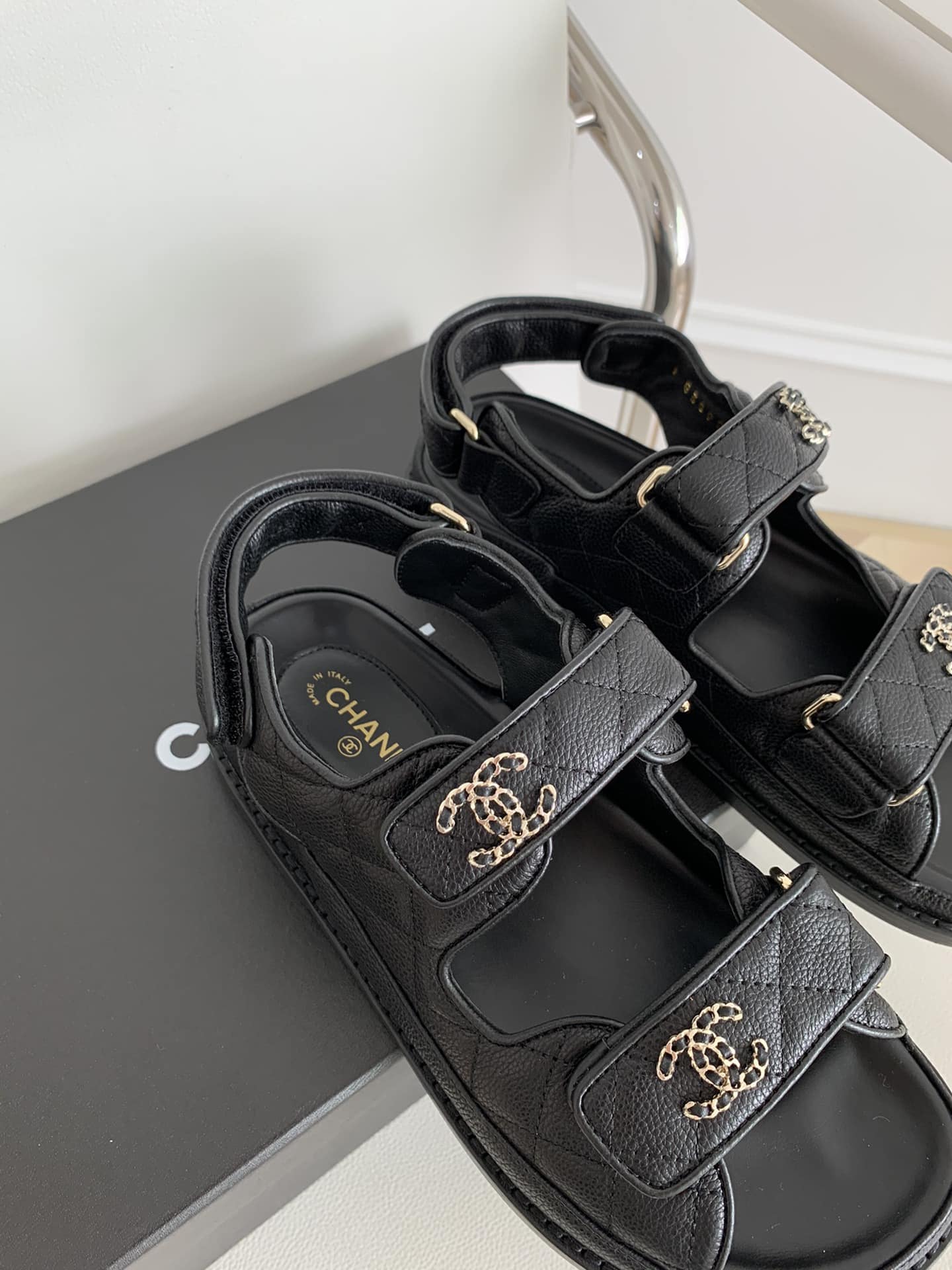 Chanel Cc Button Velcro Black Sandals Grained Calfskin Leather