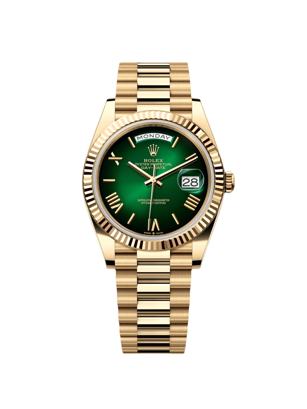 【Super Clone】RLX  Yellow Gold President Day Date 40mm Green Roman Ombre Dial - 228238