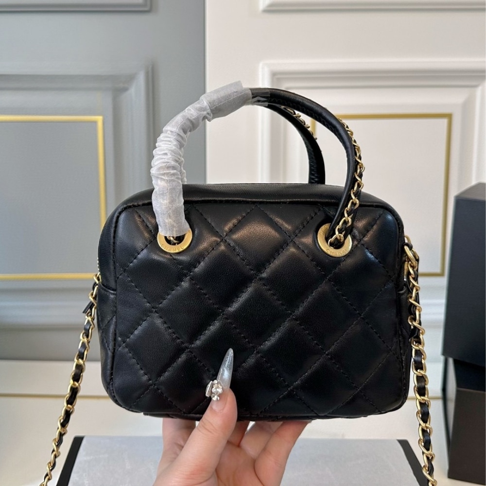 Chanel 25c Chain Handle Bowling Bag Black 18cm