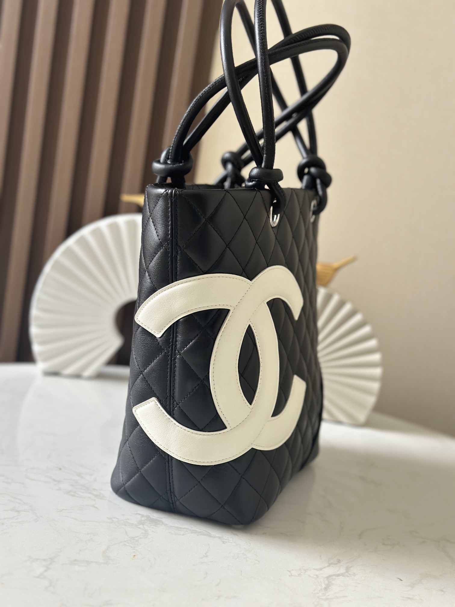 Black & White Quilted Cambon Small Tote Bag with Contrast CC Logo