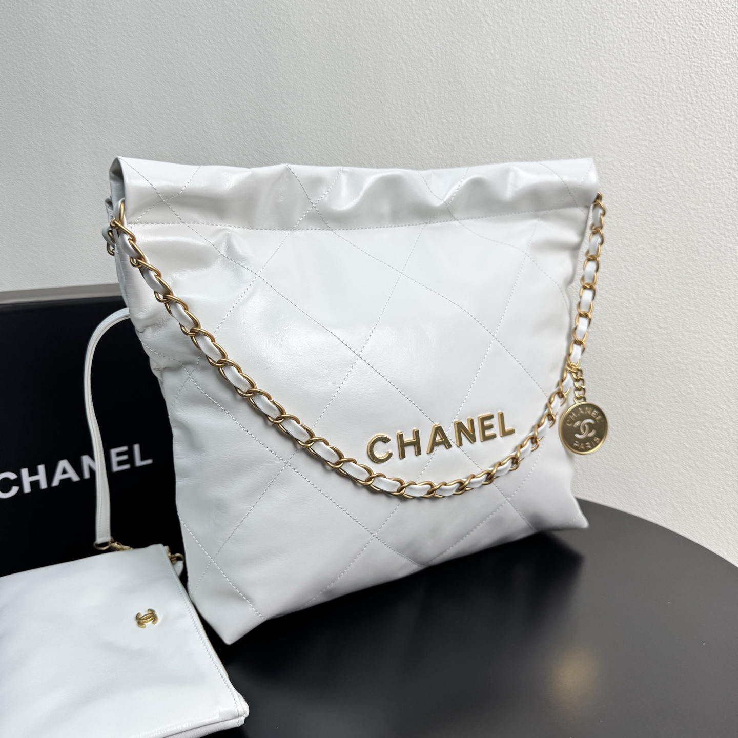 22 Bag Quilted Shiny Calfskin in White (Gold Hardware)