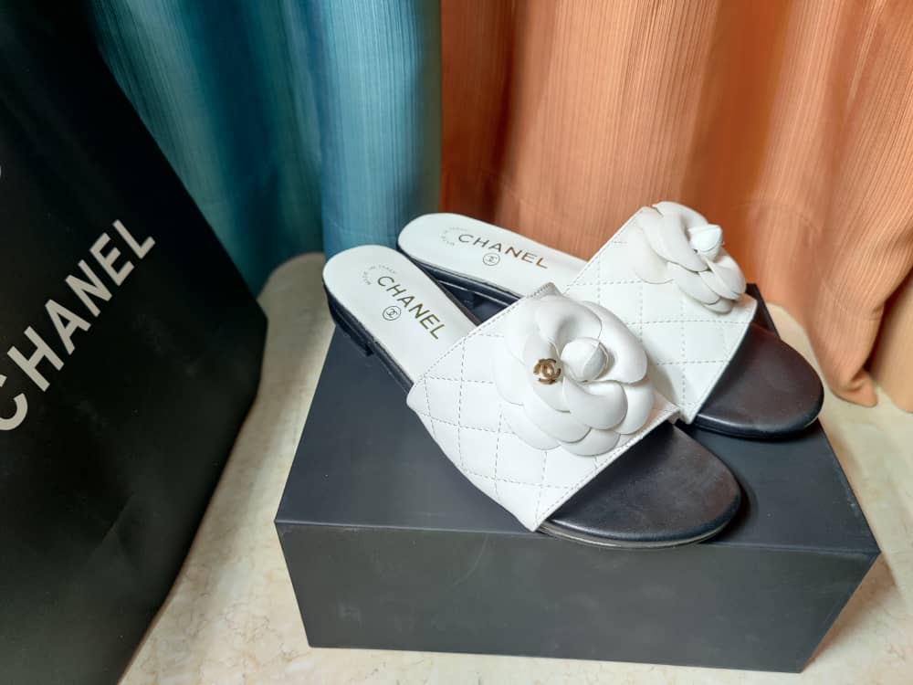 Chanel Camellia Leather Slides White
